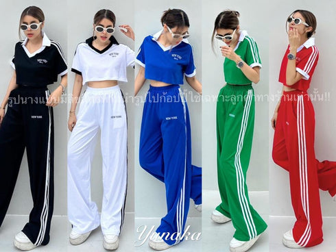 Casual Tracksuits Collar Down Crop Tops with Trouser Sets